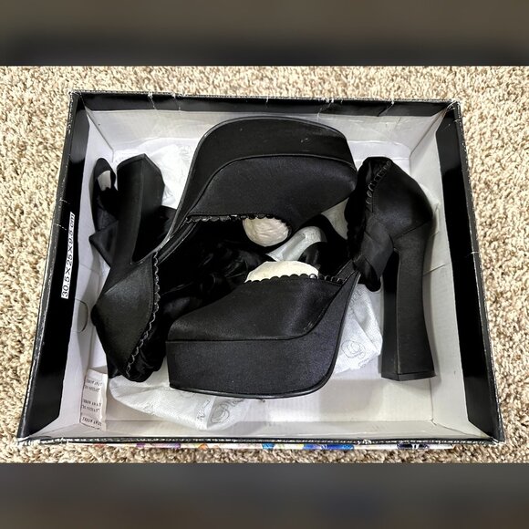 90s Pleasers Black Satin Dolly Platform Heels Ballet Ribbon Goth Formal Witch 8 - Picture 8 of 10